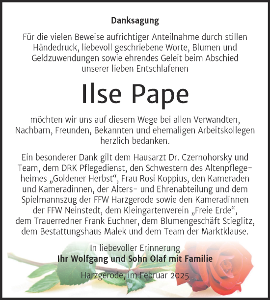 Traueranzeige von Ilse Pape von Trauerkombi Quedlinburg