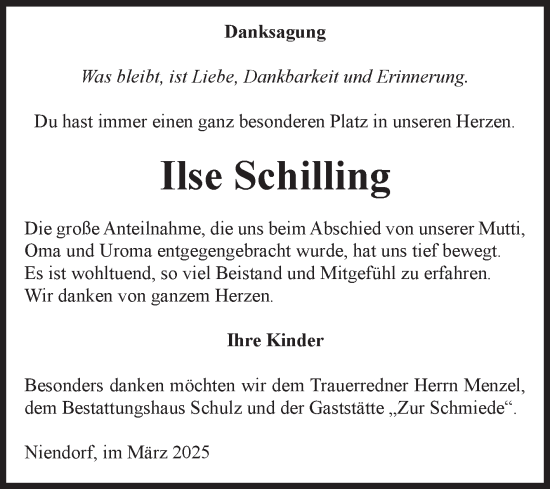 Traueranzeige von Ilse Schilling von Volksstimme Altmark West
