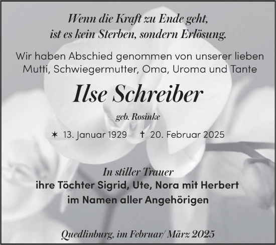 Traueranzeige von Ilse Schreiber von Trauerkombi Quedlinburg