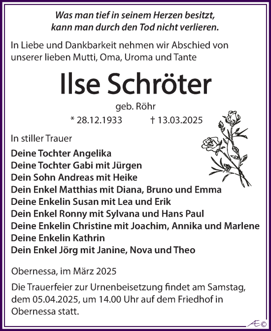 Traueranzeige von Ilse Schröter von Trauerkombi Weißenfels