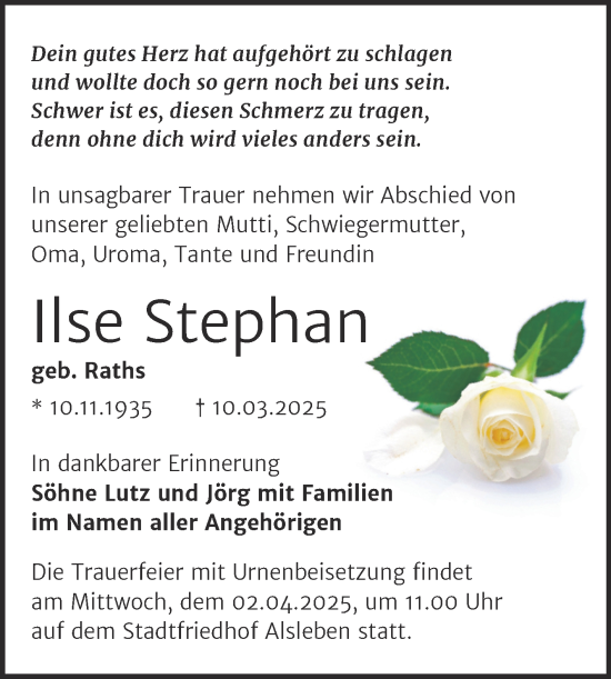 Traueranzeige von Ilse Stephan von Trauerkombi Bernburg