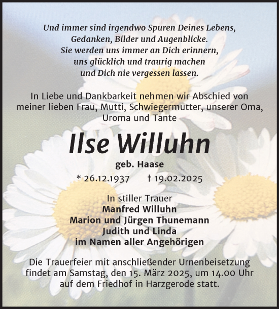 Traueranzeige von Ilse Willuhn von Trauerkombi Quedlinburg