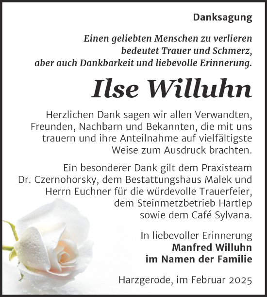Traueranzeige von Ilse Willuhn von Trauerkombi Quedlinburg