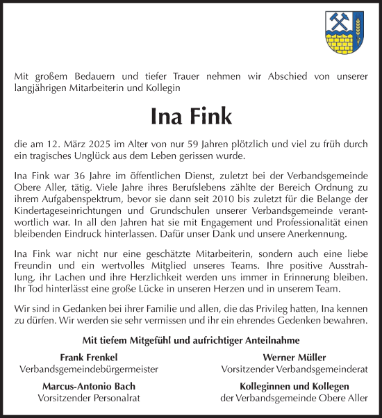 Traueranzeige von Ina Fink von Volksstimme Oschersleben/Wanzleben