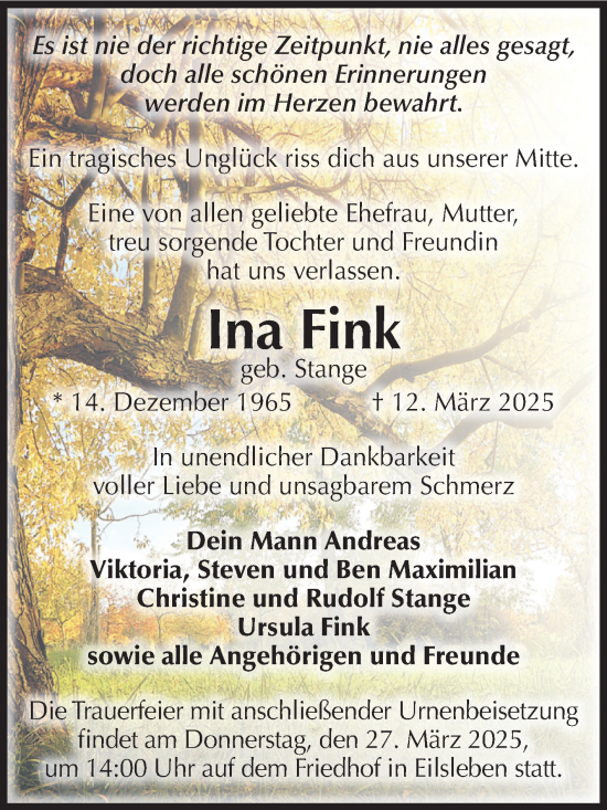 Traueranzeige von Ina Fink von Volksstimme Oschersleben/Wanzleben