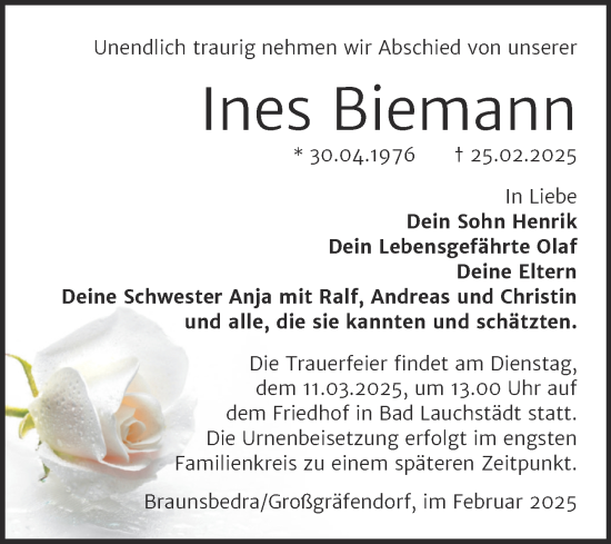 Traueranzeige von Ines Biemann von Trauerkombi Merseburg