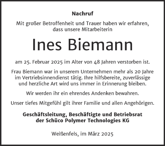 Traueranzeige von Ines Biemann von Super Sonntag Merseburg/Querfurt