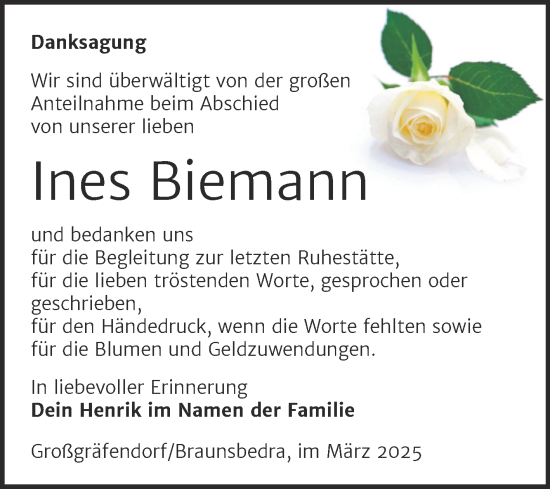 Traueranzeige von Ines Biemann von Trauerkombi Merseburg
