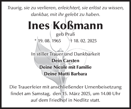 Traueranzeige von Ines Koßmann von Volksstimme Zerbst