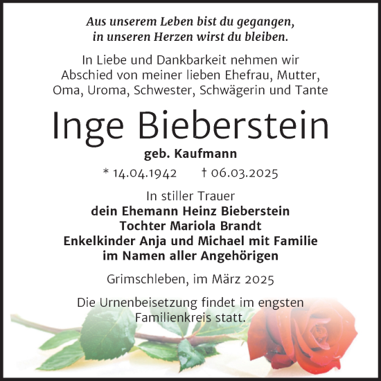 Traueranzeige von Inge Bieberstein von Trauerkombi Bernburg