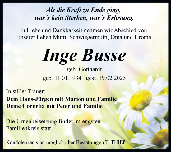 Traueranzeige von Inge Busse von Trauerkombi Quedlinburg