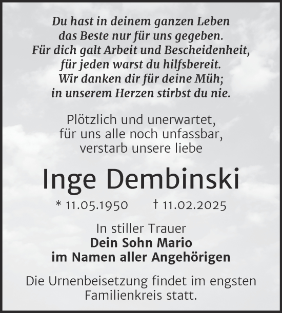 Traueranzeige von Inge Dembinski von Trauerkombi Bitterfeld