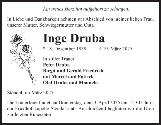 Traueranzeige von Inge Druba von Volksstimme Altmark Ost