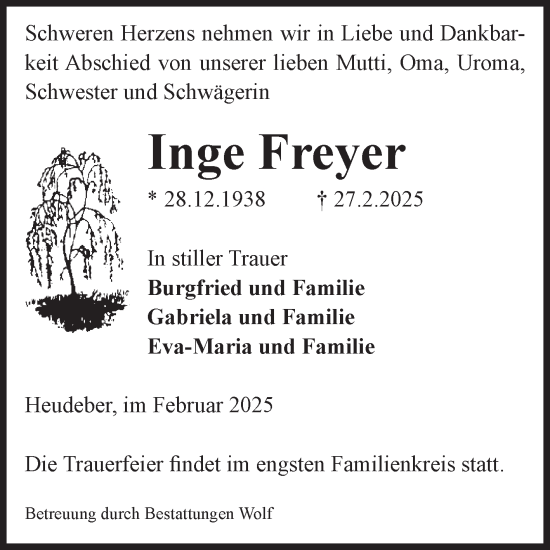 Traueranzeige von Inge Freyer von Volksstimme Wernigerode
