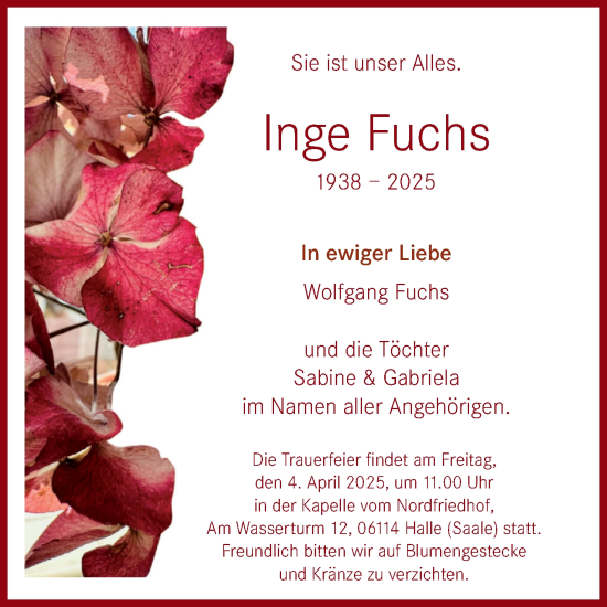 Traueranzeige von Inge Fuchs von Mitteldeutsche Zeitung Halle/Saalkreis
