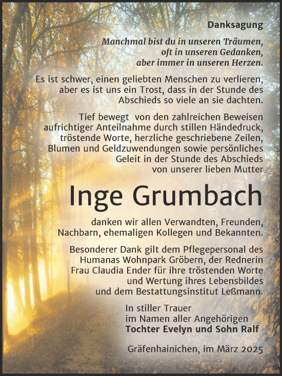 Traueranzeige von Inge Grumbach von Trauerkombi Wittenberg