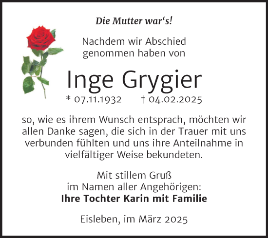 Traueranzeige von Inge Grygier von Trauerkombi Mansfelder Land