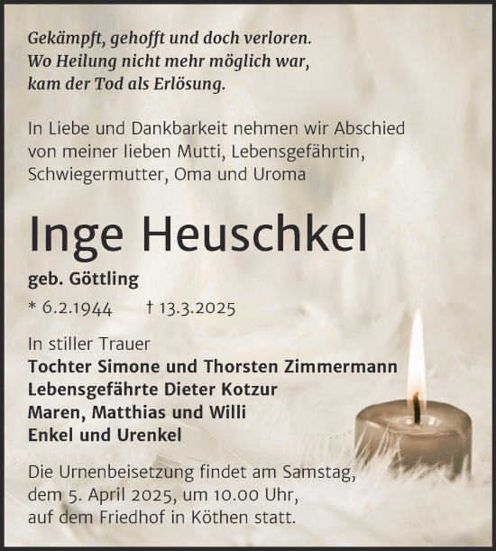 Traueranzeige von Inge Heuschkel von Trauerkombi Köthen