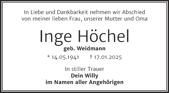 Traueranzeige von Inge Höchel von Trauerkombi Mansfelder Land