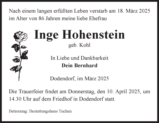 Traueranzeige von Inge Hohenstein von Volksstimme Oschersleben/Wanzleben
