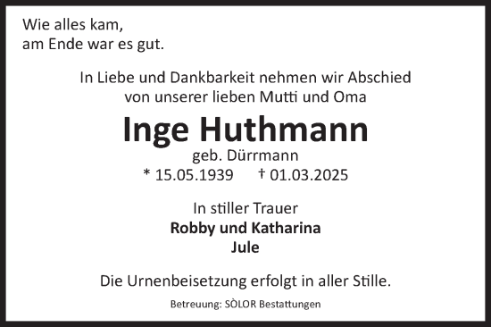 Traueranzeige von Inge Huthmann von Volksstimme Magdeburg