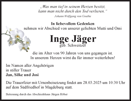 Traueranzeige von Inge Jäger von Volksstimme Magdeburg