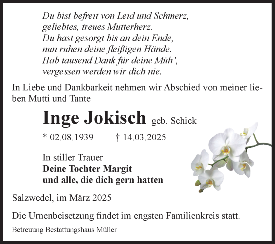 Traueranzeige von Inge Jokisch von Volksstimme Altmark West