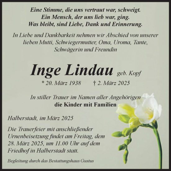 Traueranzeige von Inge Lindau von Volksstimme Halberstadt