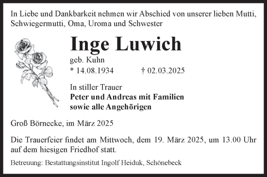 Traueranzeige von Inge Luwich von Volksstimme Staßfurt