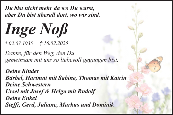 Traueranzeige von Inge Noß von Trauerkombi Dessau