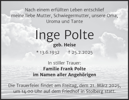 Traueranzeige von Inge Polte von Trauerkombi Sangerhausen