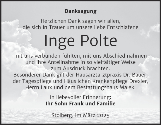 Traueranzeige von Inge Polte von Trauerkombi Sangerhausen