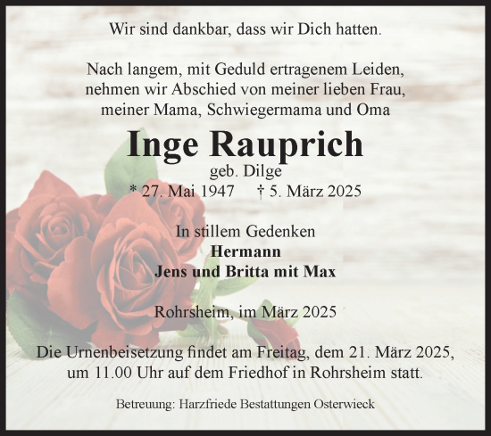 Traueranzeige von Inge Rauprich von Volksstimme Halberstadt