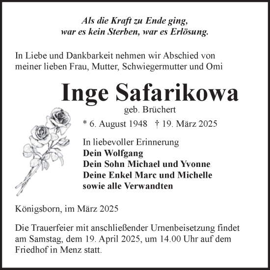 Traueranzeige von Inge Safarikowa von Volksstimme Burg/Genthin