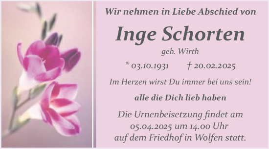 Traueranzeige von Inge Schorten von Trauerkombi Bitterfeld