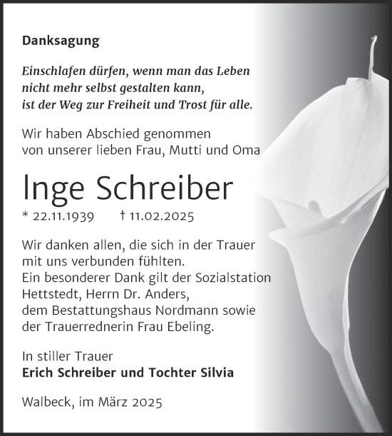 Traueranzeige von Inge Schreiber von Trauerkombi Mansfelder Land