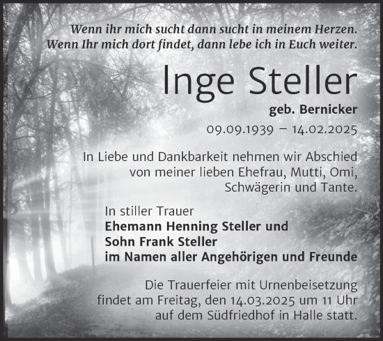 Traueranzeige von Inge Steller von Mitteldeutsche Zeitung Halle/Saalkreis