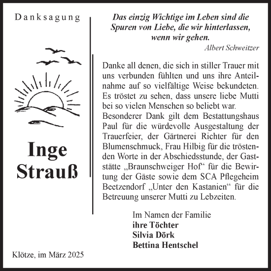 Traueranzeige von Inge Strauß von Volksstimme Altmark West