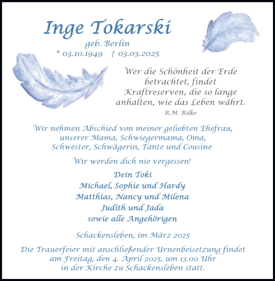 Traueranzeige von Inge Tokarski von Volksstimme Haldensleben/Wolmirstedt