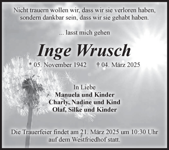 Traueranzeige von Inge Wrusch von Volksstimme Magdeburg