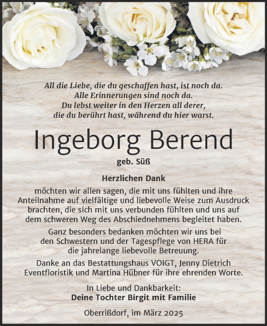 Traueranzeige von Ingeborg Berend von Trauerkombi Mansfelder Land