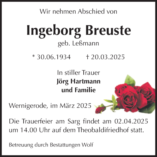 Traueranzeige von Ingeborg Breuste von Volksstimme Wernigerode