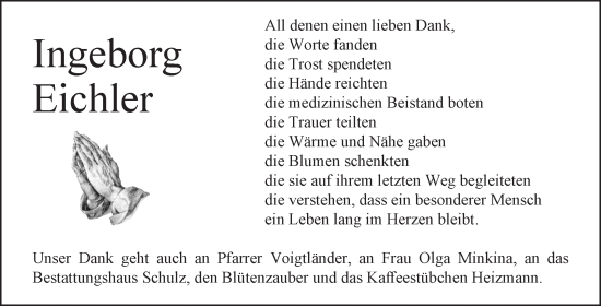 Traueranzeige von Ingeborg Eichler von Volksstimme Altmark Ost