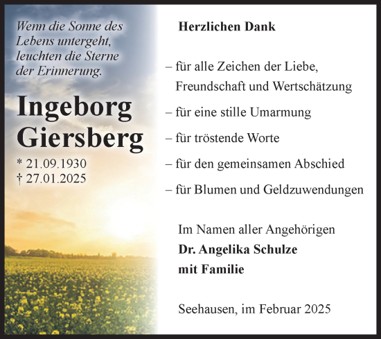 Traueranzeige von Ingeborg Giersberg von Volksstimme Altmark Ost
