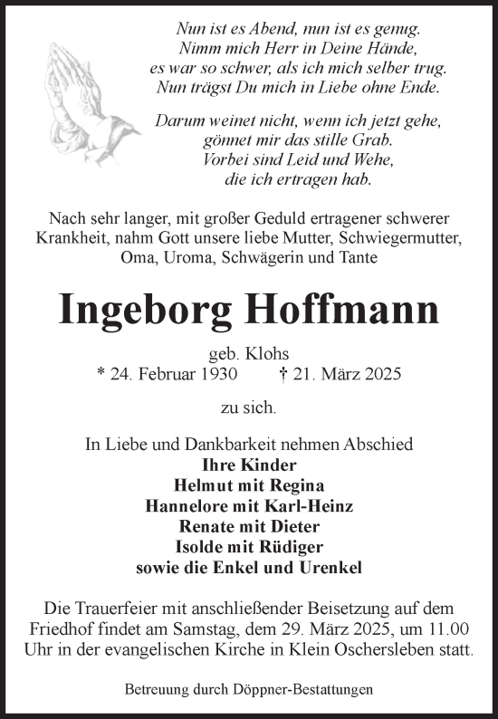 Traueranzeige von Ingeborg Hoffmann von Volksstimme Oschersleben/Wanzleben