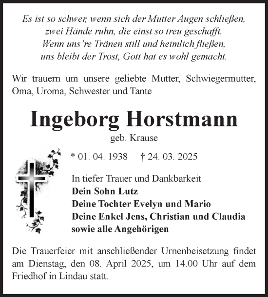 Traueranzeige von Ingeborg Horstmann von Volksstimme Zerbst
