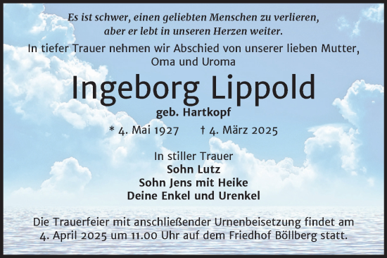 Traueranzeige von Ingeborg Lippold von Mitteldeutsche Zeitung Halle/Saalkreis
