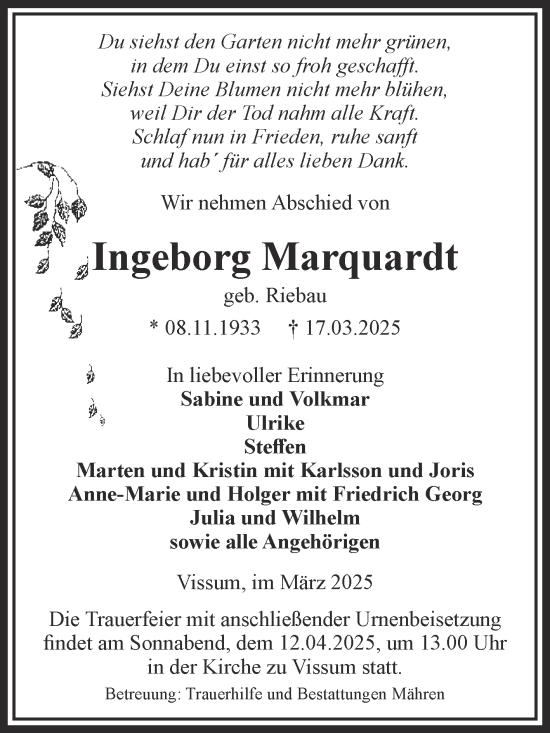 Traueranzeige von Ingeborg Marquardt von Volksstimme Altmark West