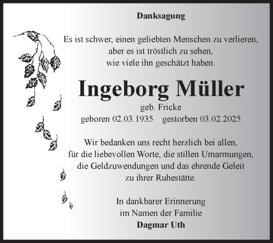 Traueranzeige von Ingeborg Müller von Volksstimme Oschersleben/Wanzleben