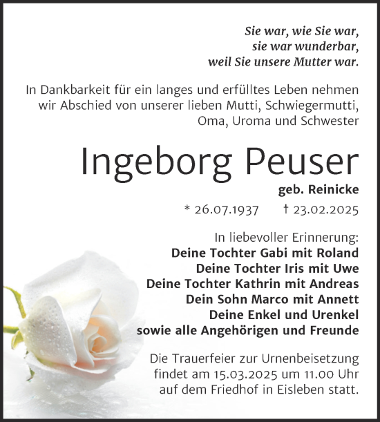 Traueranzeige von Ingeborg Peuser von Trauerkombi Mansfelder Land